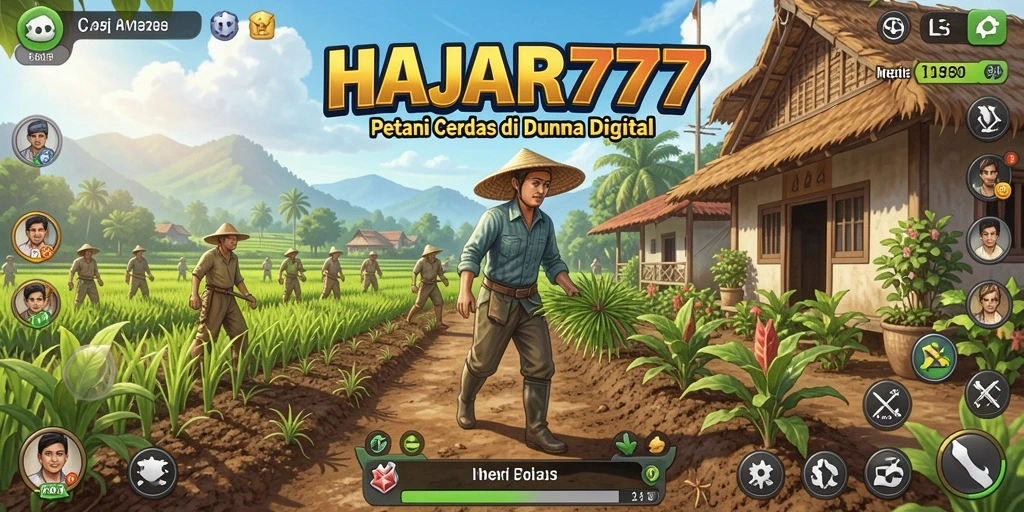 Screenshot utama HAJAR777 menampilkan ladang pertanian yang subur dan aktivitas pemain.