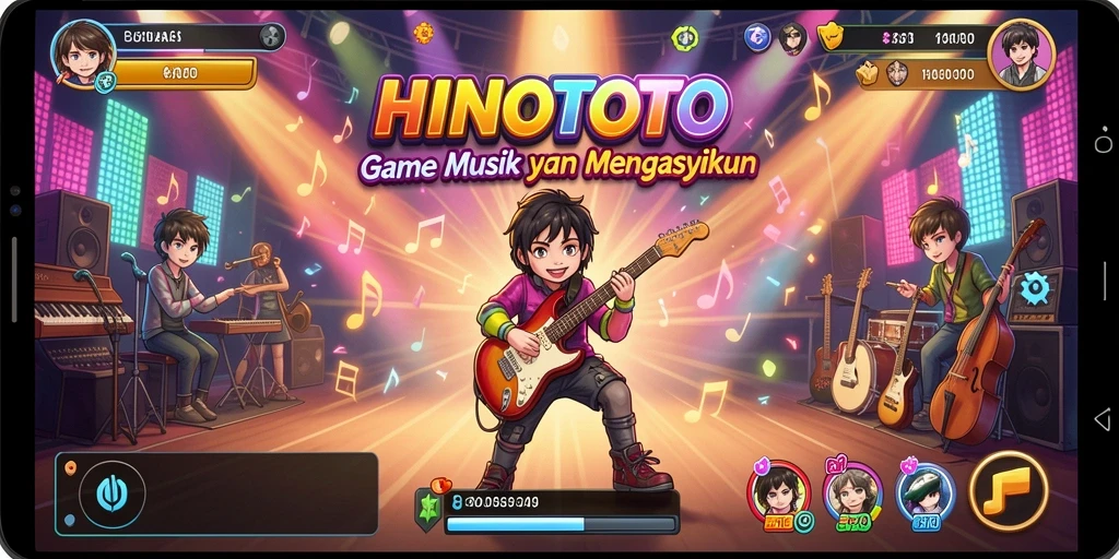 Screenshot HINOTOTO menampilkan gameplay musik yang seru dan penuh warna.