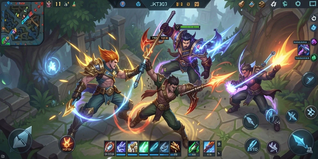 Screenshot utama JKT303 menampilkan pertempuran seru di arena MOBA.