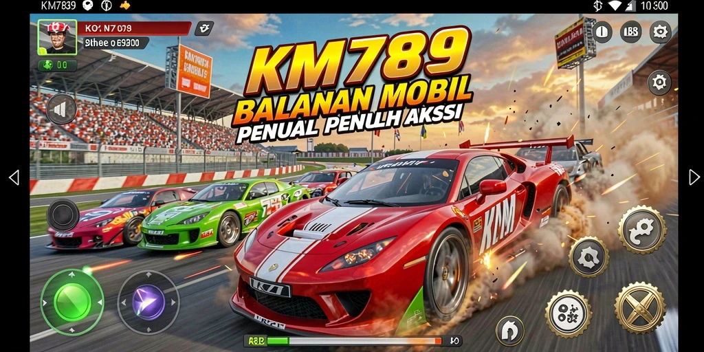 Screenshot gameplay KM789 menampilkan balapan mobil yang penuh aksi.