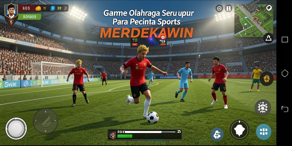 Screenshot gameplay MERDEKAWIN menampilkan aksi seru pertandingan olahraga.