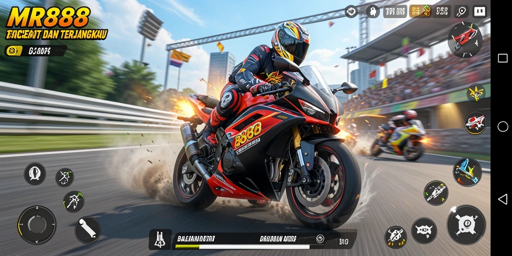 Tampilan gameplay balapan motor yang mendebarkan di MR888.