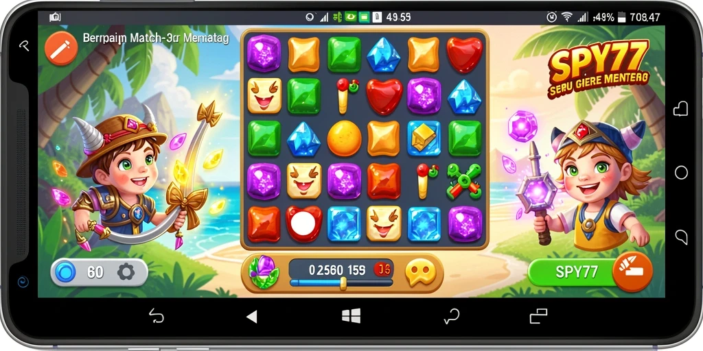 Screenshot utama dari gameplay SPY77 yang menunjukkan keseruan Match-3.