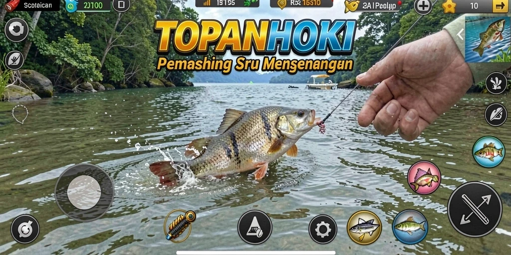 Screenshot gameplay TOPANHOKI menampilkan pengalaman memancing yang mendebarkan.